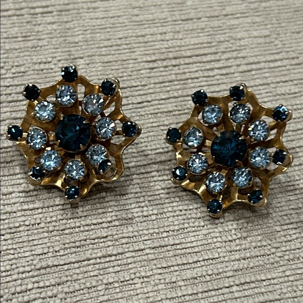 Vintage Gold and Blue Crystal clip on Earrings